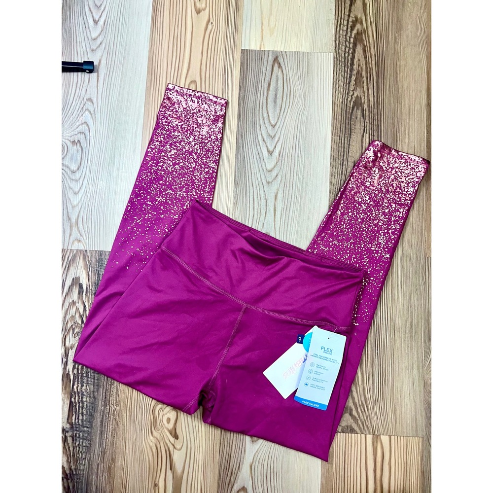 Marika Flex Deluxe Magenta Pink Rose Gold Foil Splatter Leggings Womens XL NWT